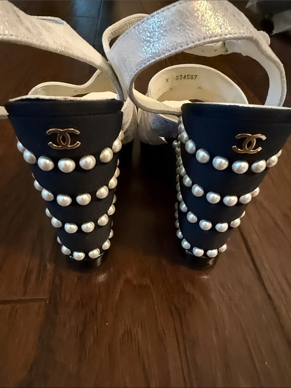 CHANEL Black Pearl-Trimmed Strappy Heel Sandals